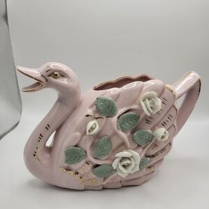 Vintage Pink Swan With Sculpted Flowers & Gold Gilt Ceramic Pitcher 7" Long